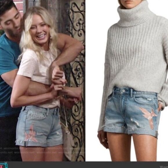 All Saints Pants - ALLSAINTS Pam Birds Embroidered Denim Shorts in Indigo Blue
